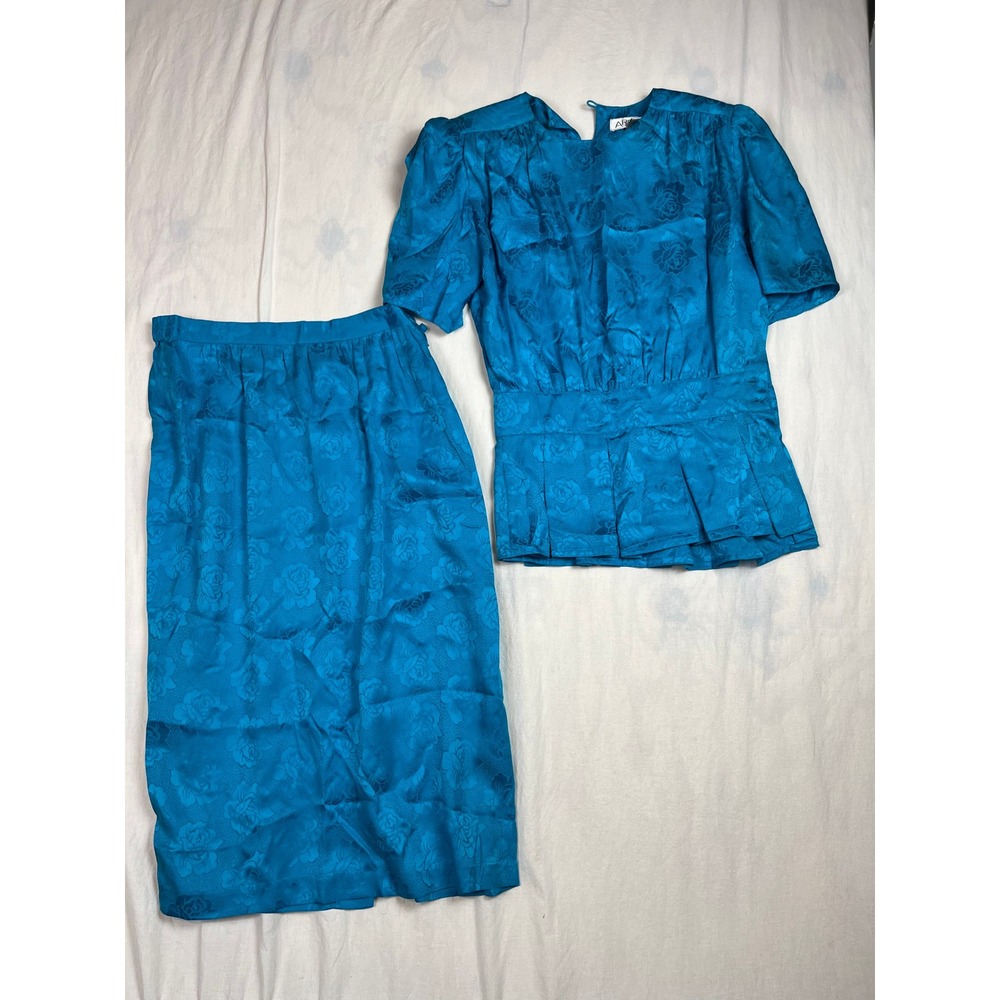 Argenti Vintage Silk Skirt Set Blue Floral‎ Jacquard Peplum Top Midi Skirt 8